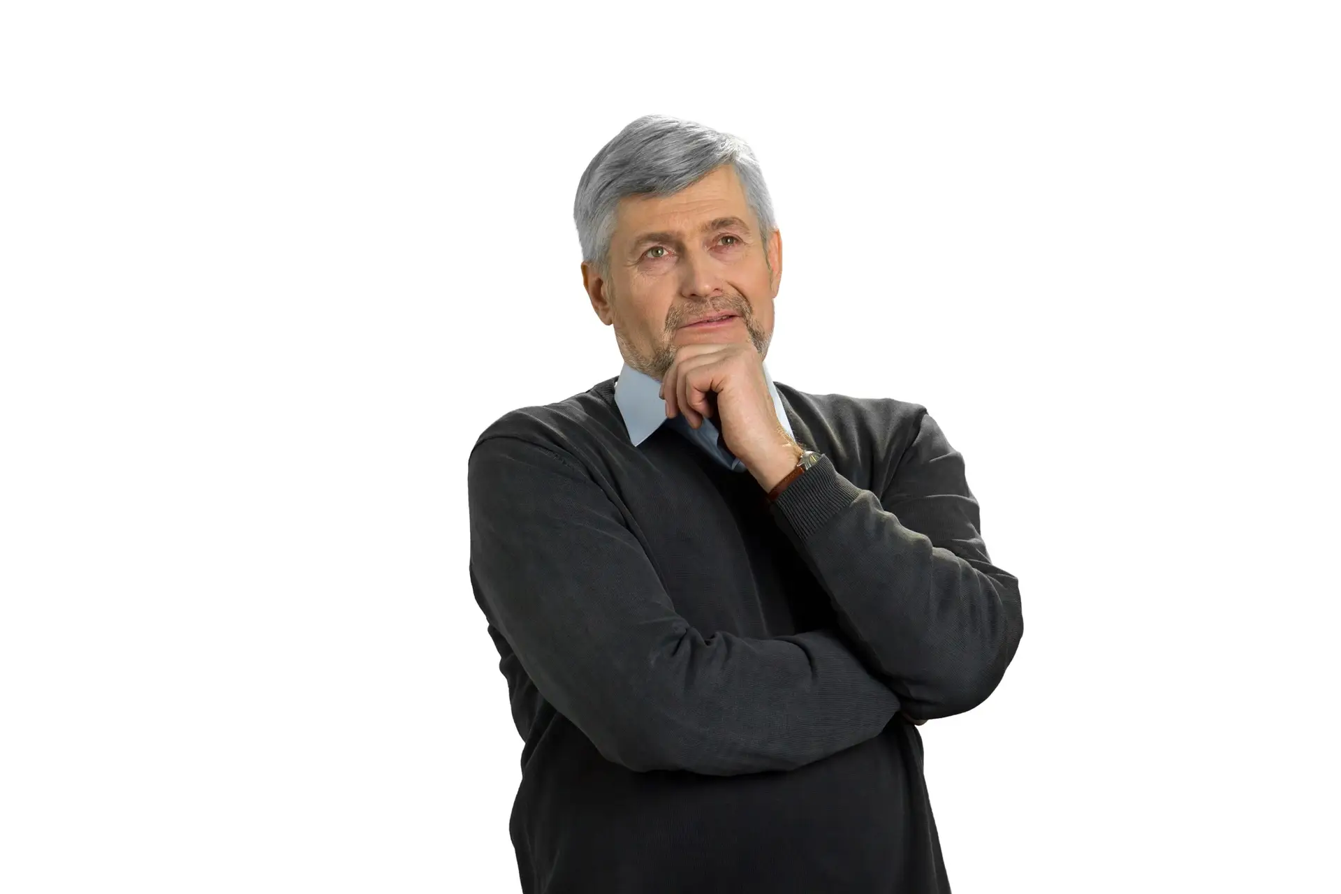 Thoughtful mature man, white background